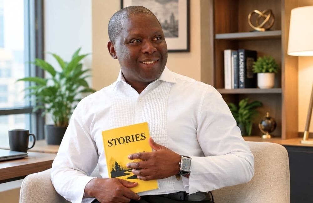 Salamane Yameogo speaking, gesturing with a bookshelf behind him